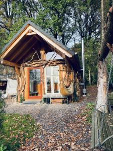 a small log cabin with a large window at Tiny House/Waldhaus - Westerwald 