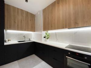 una cocina con armarios de madera y fregadero en Apartament w centrum z dużym tarasem, ulica Kilińskiego, en Łódź