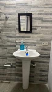 a white sink in a bathroom with a mirror at Finca el Paraíso in San Gil