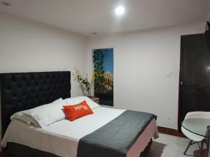 a bedroom with a bed with a red pillow on it at Hotel Plaza 43 in Barranquilla