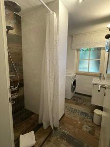 een badkamer met een douche en een douchegordijn bij May-Apartment Köln zentrale Ferienwohnung in Keulen