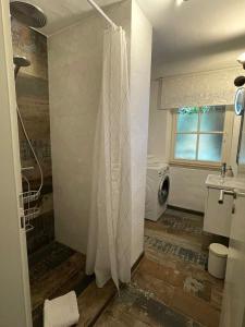 a bathroom with a shower with a shower curtain at May-Apartment Köln zentrale Ferienwohnung in Cologne