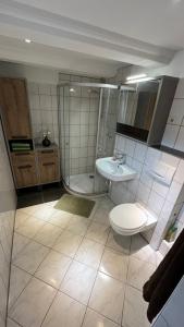 a bathroom with a toilet and a sink at Zur alten Eiche in Guhrow