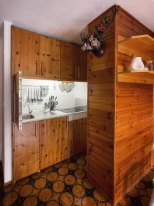 una cucina con armadi in legno e lavandino di Emma’s Tiny House a Pila