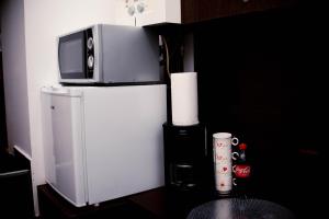 un forno a microonde seduto sopra un frigorifero di Studio Leena a Sibiu