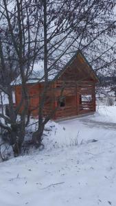 drewniany domek na śniegu z drzewem w obiekcie Vikendica MM Kolasin w mieście Kolašin