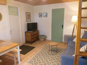 ein Wohnzimmer mit einem TV und einem blauen Sofa in der Unterkunft La petite enseigne - Chez Hélène - Gîtes en baie in Champeaux