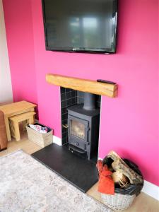 a pink room with a fireplace with a tv above it at Firpoint in Rockcliffe