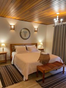 a bedroom with a large bed and a chandelier at Pousada Lua Clara in Alto Paraíso de Goiás