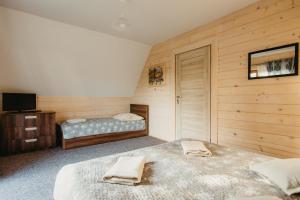 a bedroom with two beds and a television in it at Chatka u Stanka z bilardem , sauną i jacuzzi in Biały Dunajec