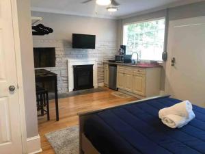 a living room with a bed and a fireplace at Chic ATL Studio - 5 mins walk Emory CDC in Atlanta
