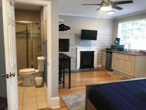 a bathroom with a sink toilet and a fireplace at Chic ATL Studio - 5 mins walk Emory CDC in Atlanta