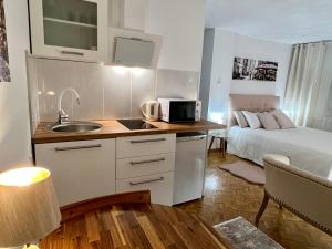 kuchnia ze zlewem i łóżkiem w pokoju w obiekcie Louis & Elza Old Town Romantic apartments we Wrocławiu +37 zdjęć