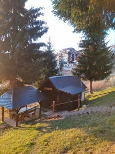 a smallshed with a picnic table and a building at Vikendica Čeperković #2 in Kopaonik