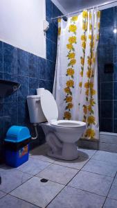 a bathroom with a toilet and a shower curtain at Huaraz Colonial in Huaraz