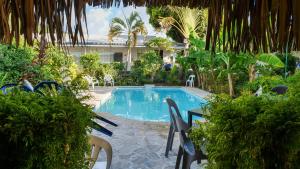 a swimming pool in a resort with chairs and trees at Pension De La Plage in Punaauia