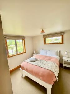 a bedroom with a bed and two windows at Lexi's Lodge in Lake Tekapo