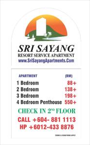 un volantino per un appuntamento per un servizio di tetto con un numero di Sri Sayang Resort Service Apartment a Batu Ferringhi