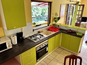 een keuken met groene kasten en een fornuis top oven bij Le nid des aigles in Sainte-Rose