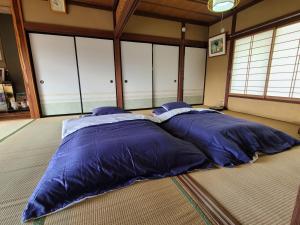 a bedroom with two large blue pillows on the floor at ゲストハウス陽だまりの宿 in Tomi