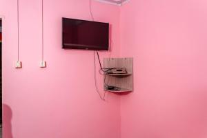 a pink wall with a tv on a pink wall at Pousada Cachoeira da Fumaça in Palmeiras