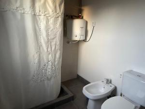 a bathroom with a white shower curtain and a toilet at Andes cerros departamento en mendoza ciudad in El Challao
