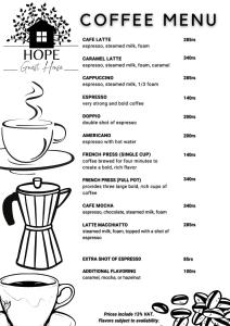 um menu de café preto e branco com uma chávena de café em Hope Guest House em Pokhara