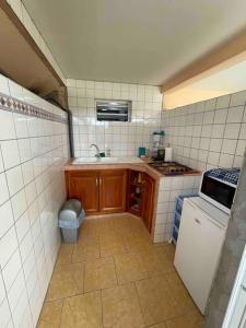 a small kitchen with a sink and a refrigerator at Studio « Ti Thon » avec vu magnifique sur la Montagne du Vauclin in Le Vauclin