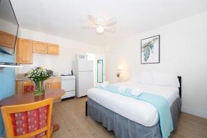 a bedroom with a bed and a table and a kitchen at Tropic Isle Hotel & Apartment in Hollywood