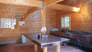 un bagno con lavandini in una cabina di legno di PICA Fujisaiko a Fujikawaguchiko