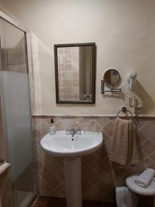 a bathroom with a sink and a shower and a mirror at CASA RURAL EL OLIVO in Logrosán