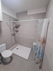 a bathroom with a toilet and a shower curtain at T-3 Hypercentre Saint Denis Rue Piétonne in Saint-Denis