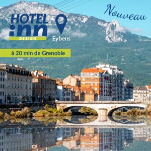 um cartaz de uma cidade com uma ponte e edifícios em Hotel inn Grenoble Eybens Parc des Expositions Ex Kyriad em Eybens