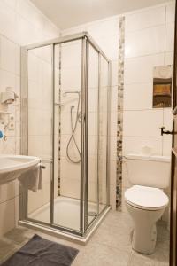 a bathroom with a shower with a toilet and a sink at Gästehaus Sägemühle in Russbach am Pass Gschütt