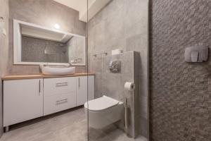 a bathroom with a sink and a toilet and a mirror at Aparthotel Plat in Kožino