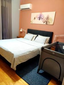 Schlafzimmer mit einem Bett mit blauem Teppich in der Unterkunft Central Apartment Ioannina in Ioannina