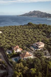 an aerial view of a house with the ocean in the background at Cielo Luxury Villas in Zakynthos Town