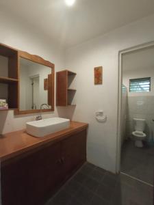 ein Badezimmer mit einem Waschbecken, einem Spiegel und einem WC in der Unterkunft Tori's Backpacker's Paradise in Siquijor