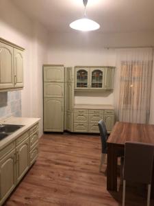 cocina con armarios verdes y mesa de madera en Nette Wohnung in der Altstadt 2, en Cheb