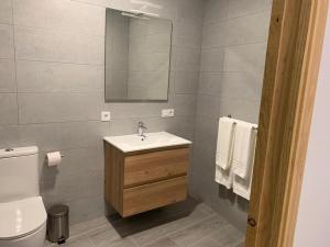 ein Badezimmer mit einem Waschbecken, einem WC und einem Spiegel in der Unterkunft Alojamientos Tía María in Fernán Pérez