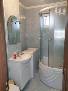 a bathroom with a sink and a shower and a toilet at Alin Apartament in Iaşi