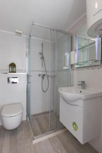 a bathroom with a shower and a toilet and a sink at Pomet Delux Studio in Dubrovnik