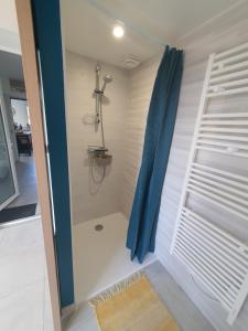 een douchecabine met een blauw gordijn in de badkamer bij LA PETITE SALAMANDRE des Conches in Longeville-sur-Mer +8 foto's