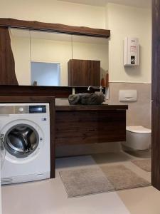 bagno con lavatrice e specchio di Appartement Seenähe mit gratis Tiefgaragenplatz a Seewalchen