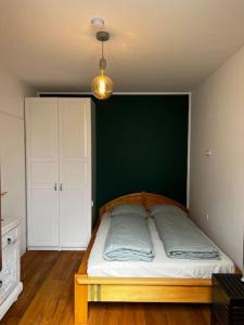 una camera con letto e parete verde di Appartement Seenähe mit gratis Tiefgaragenplatz a Seewalchen