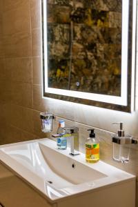 ein weißes Waschbecken im Bad mit Spiegel in der Unterkunft Arad Residence - DeLuxe Blue Apartment in Arad