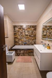 アラドにあるArad Residence - DeLuxe Blue Apartmentのバスルーム(バスタブ、トイレ、シンク付)