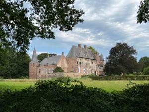 un viejo castillo con un campo verde delante de él en Supergezellig vakantiehuis met hele grote tuin bij Nijmegen, en Ewijk