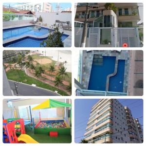 un collage d'images de bâtiments et d'un pool dans l'établissement Apto com Piscina e Churrasqueira, à Praia Grande