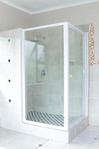 a shower with a glass door in a bathroom at Early Riser in Ezulwini
